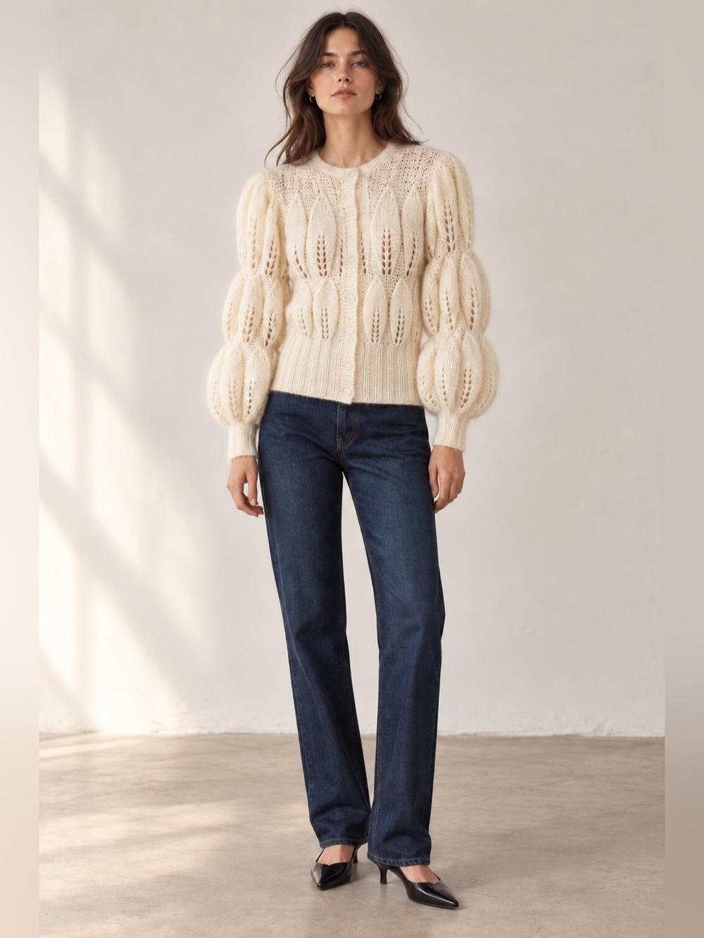 Vintage Semplice Ivory Kid Mohair Blend Leaf Knit Puff Sleeve Cardigan